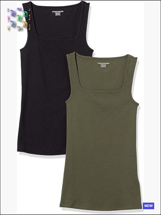 Tops - Slim Fit Square Neck Tank Top Soft Cotton Modal Casual Layering Essential 2-Pack